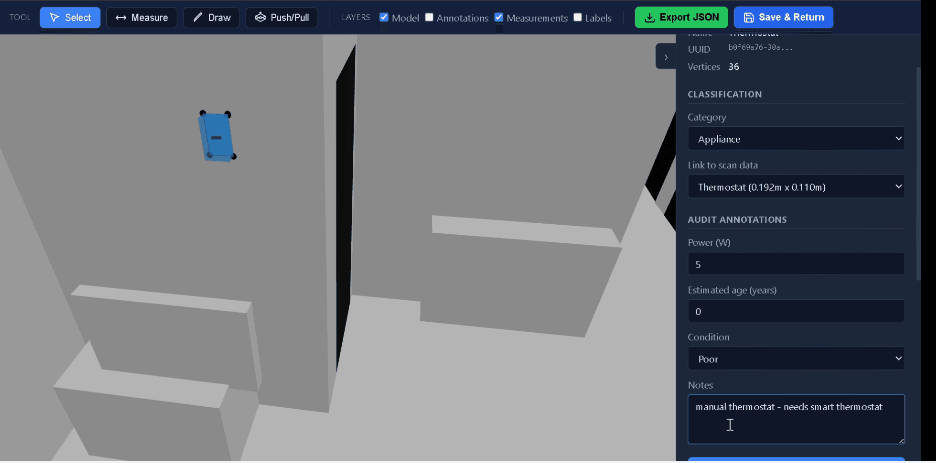 EI CAD Tool showing properties of a selected thermostat mesh