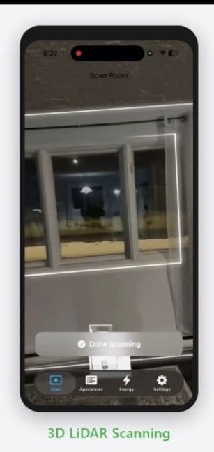 Energy Intelligence mobile app performing 3D LiDAR room scanning