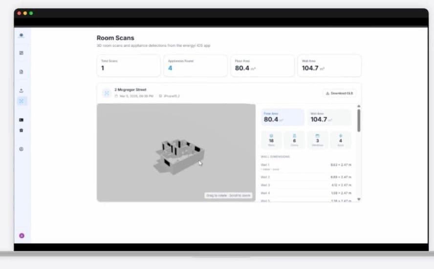 Room Scans dashboard showing 3D models, floor area, wall area, and wall dimensions