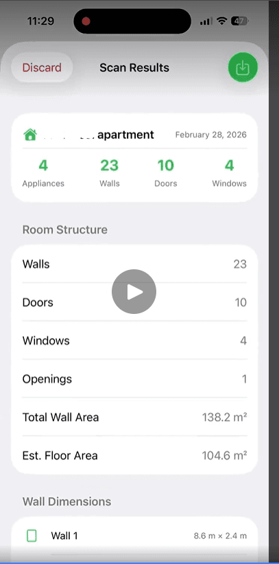 Scan results showing room structure and dimensions