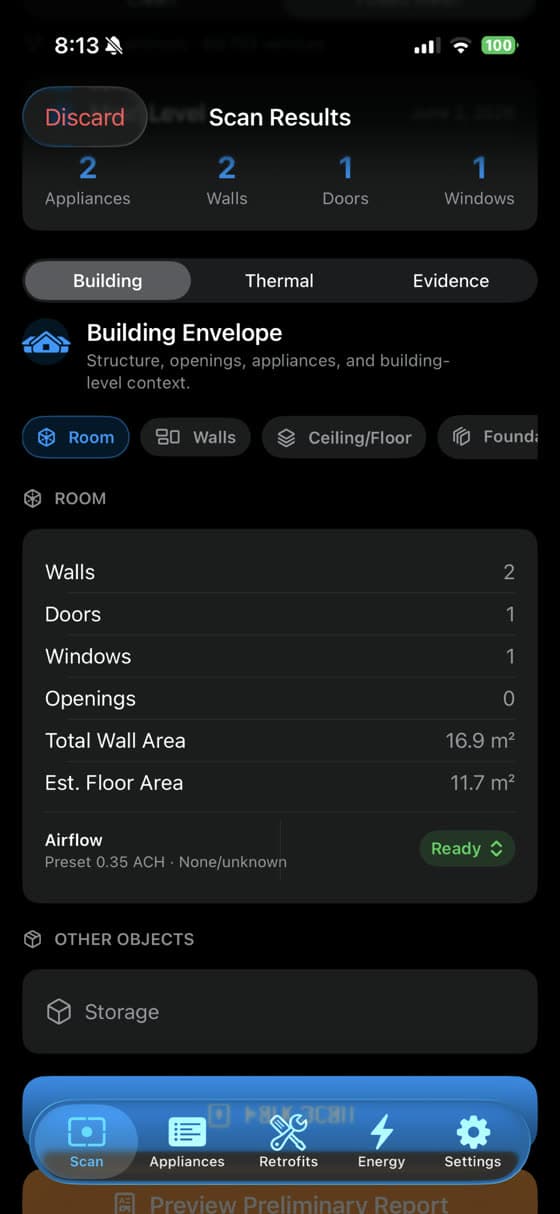 Energy Intelligence iOS room summary showing wall area, floor area, and airflow readiness