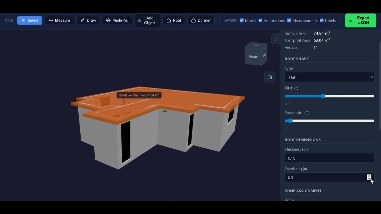 Browser CAD interface showing roof refinement controls and export JSON workflow